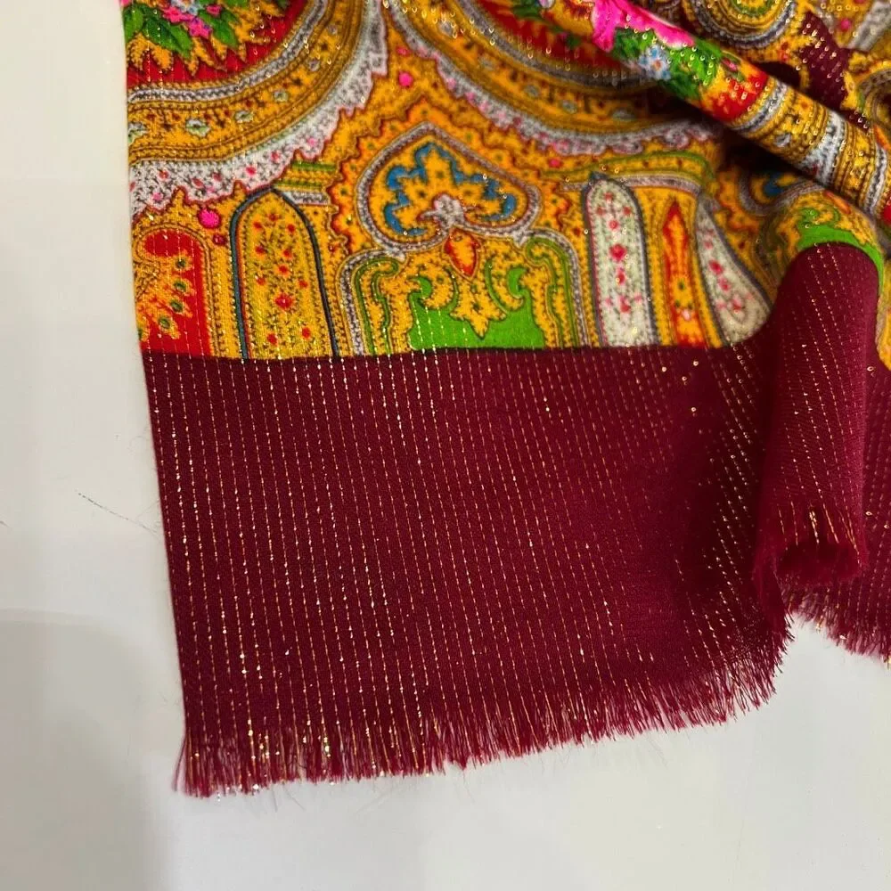 Vintage Men's Virgin Wool Lurex Metallic Fringe Japanese Neck Scarf Maroon 48
